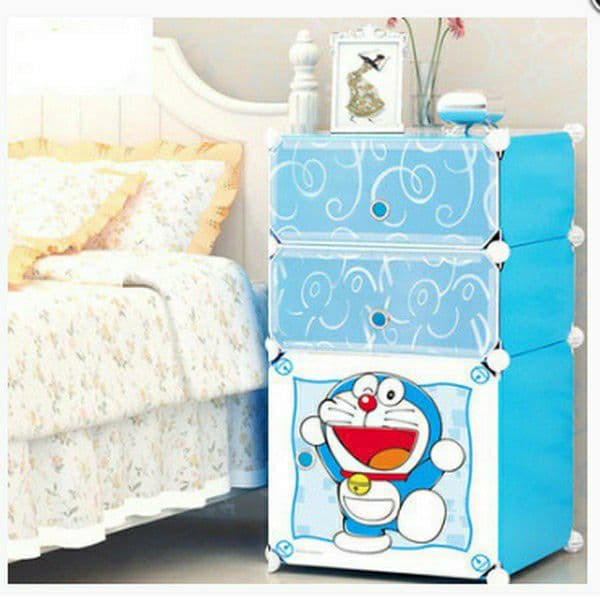 Tủ nhựa ghép - Tủ đầu giường 3 tầng - Xanh Doreamon