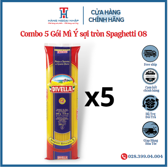 Combo 5 gói mì ý sợi tròn spaghetti 08 divella 500gr