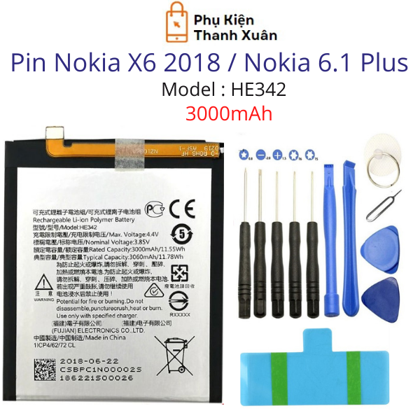 Pin nokia x6 2018 / nokia 6.1 plus he342 3000mah | hàng nhập khẩu | tặng kèm bộ tháo mở