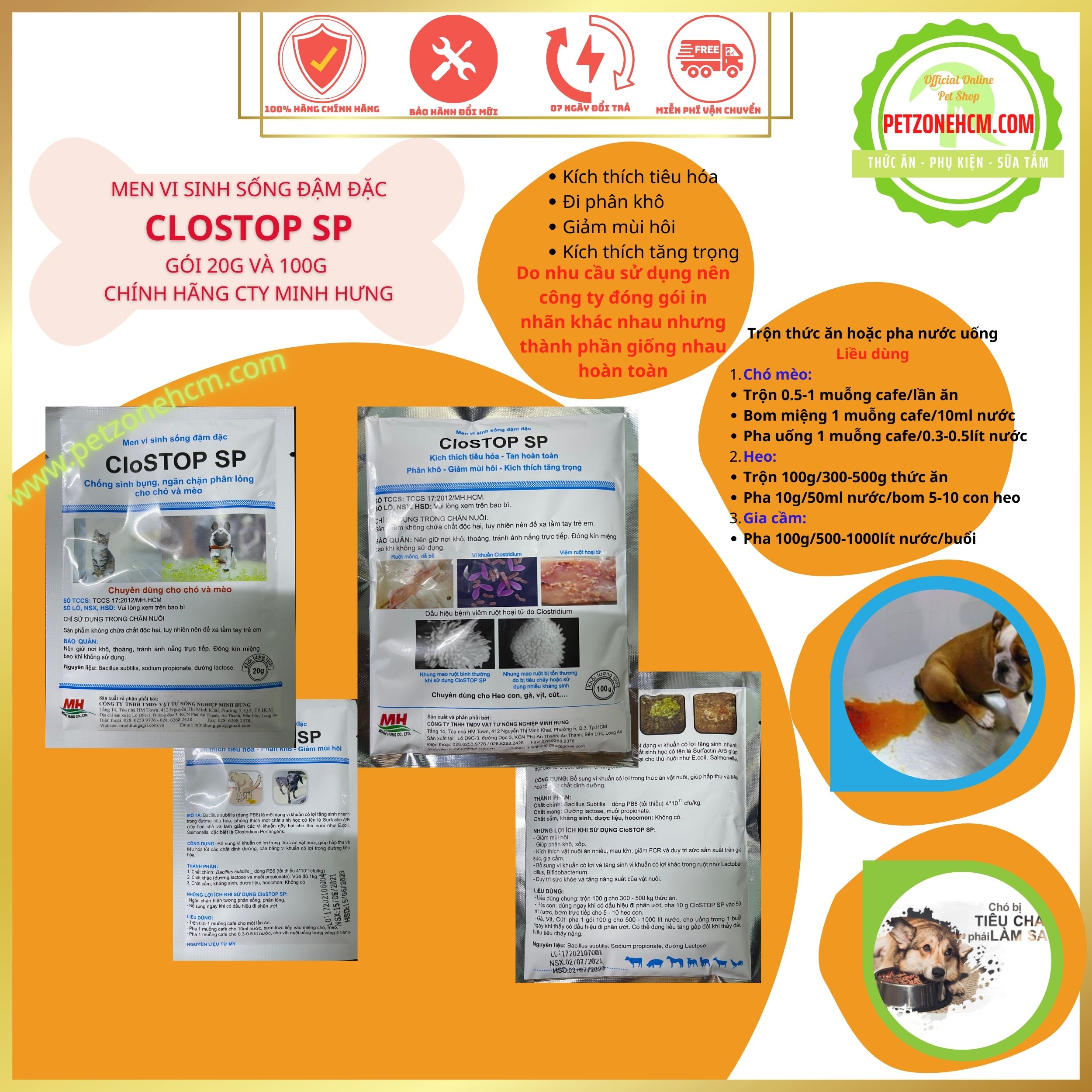 Men vi sinh chó mèo heo bò gà Clostop SP 100gr Minh Hưng 🏷️ FREESHIP🏷️ men tiêu hóa giúp phân khô, giảm mùi hôi kích thích tiêu hóa, tăng đề kháng tăng trọng nhanh