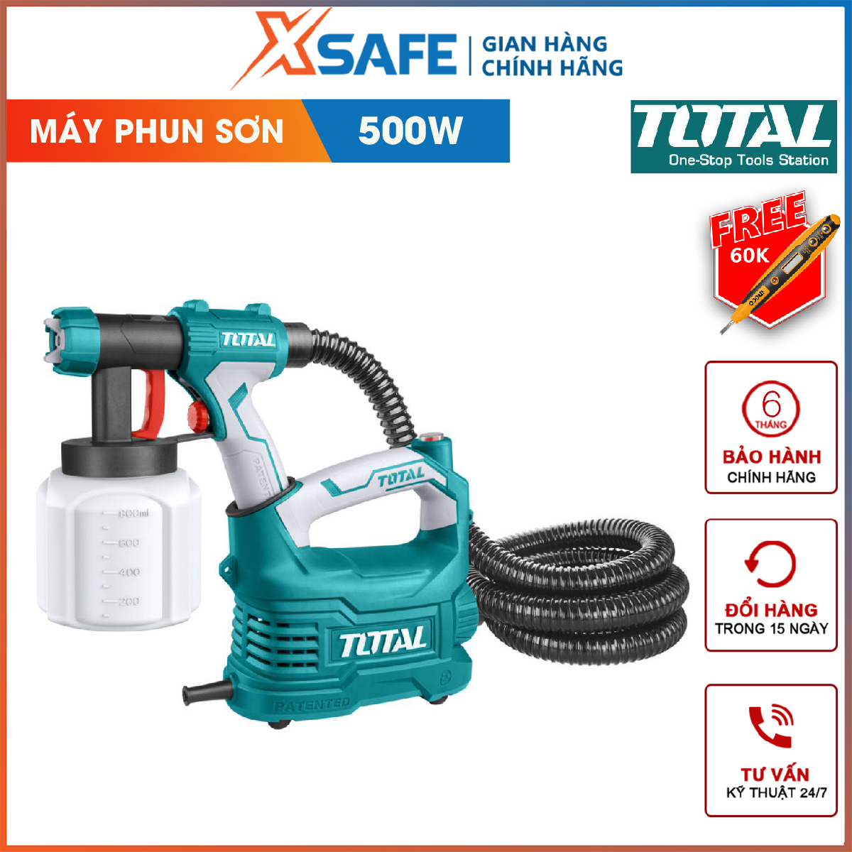 Máy phun sơn dùng điện total tt5006 súng phun sơn 220-240v~50-60hz, công suất 350 w, 01-02 bar, 380ml/phút, 50din-s sơn gỗ, sơn ô tô, nội thất, xe máy, ngành da, nhựa phun sơn mịn, đều, tiện lợi