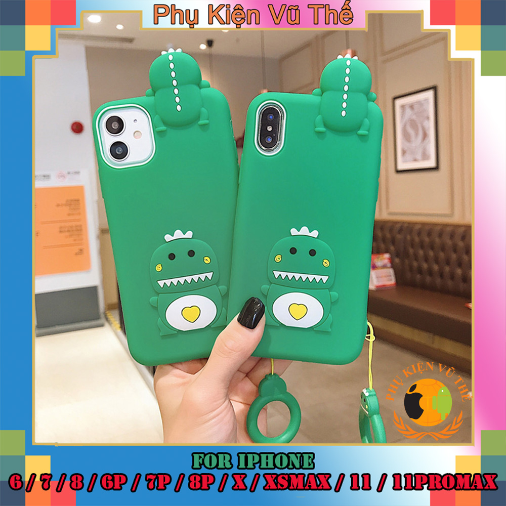 Ốp Lưng Dẻo Silicone Khủng Long Leo Đủ Mã Cho iPhone 6 / 7 / 8 / 6Plus / 7Plus / 8Plus / X / XS Max / iP11 / iP11ProMax  Style Hoạt Hình Dễ Thương, Bền, Chống Sốc Mạnh [Kèm Móc Treo]