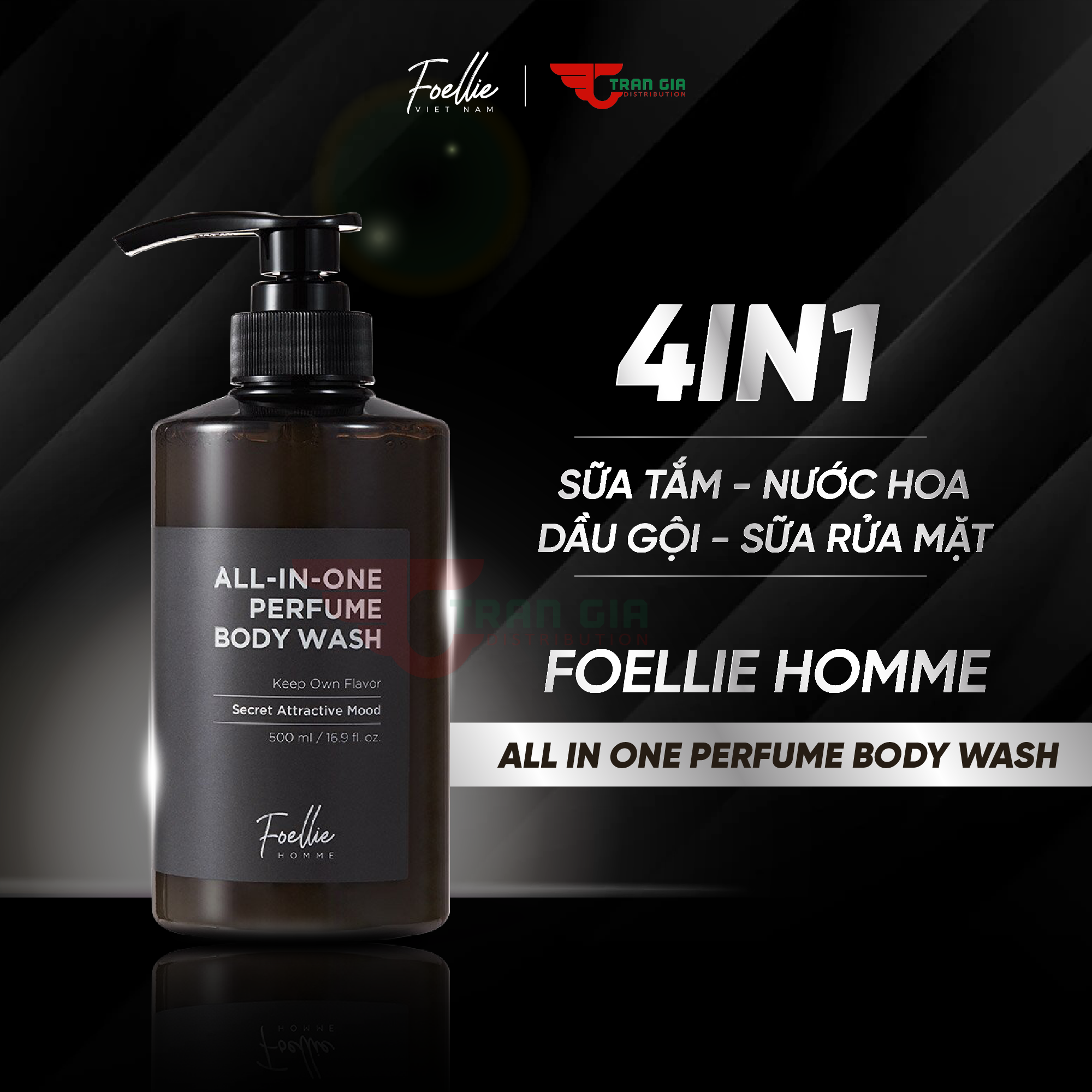 Sữa tắm nam hương nước hoa foellie homme all in one perfume body wash, lưu hương lâu 500ml