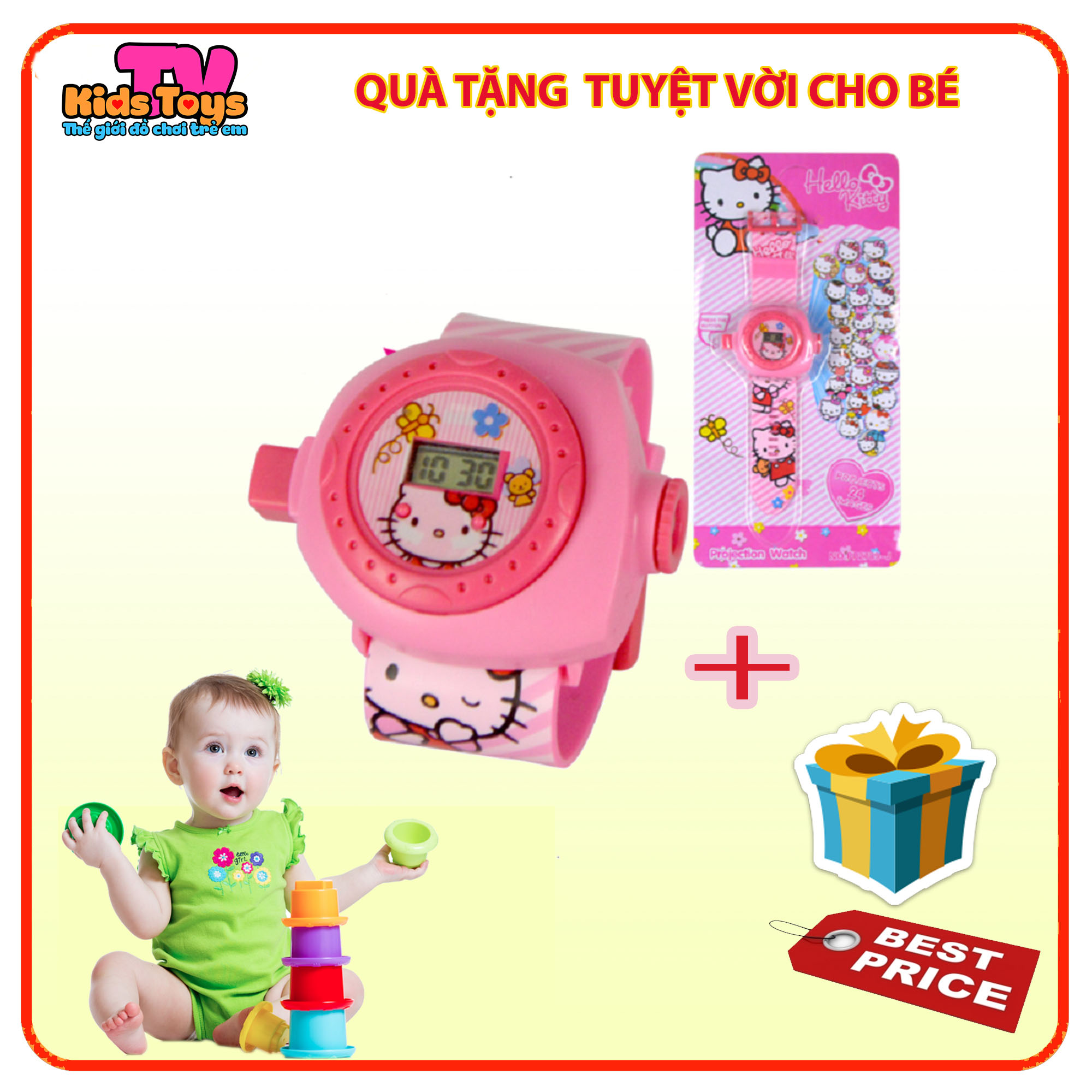 Đồng hồ trẻ em ĐH  Điện Tử Chiếu 24 Hình 3D Projector Watch Hello Kitty
