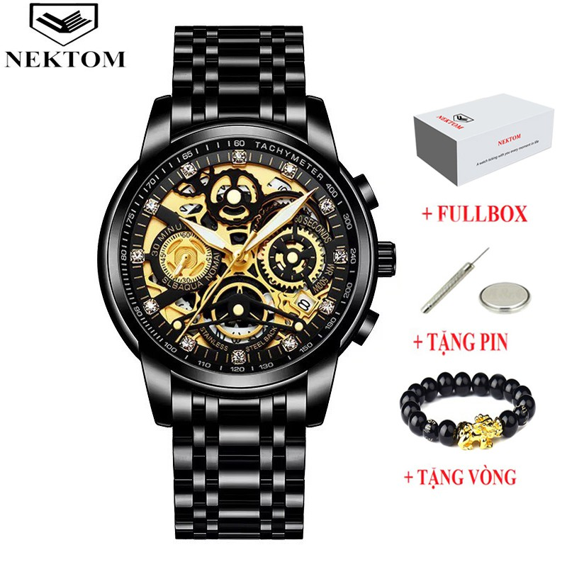 [TẶNG VÒNG] Đồng Hồ Nam NEKTOM 8202 Chính Hãng Dây Thép Không Gỉ (Màu Full Đen)