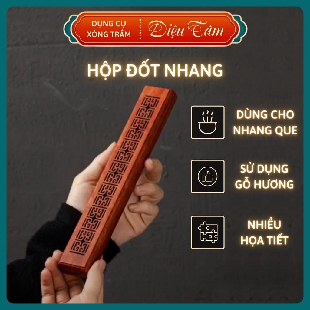 Hộp đốt nhang trầm không tăm và nhang không tăm, hương không tăm trầm hương bằng gỗ hương đồ thờ cúng phong thủy dụng cụ trầm hương Diệu Tâm
