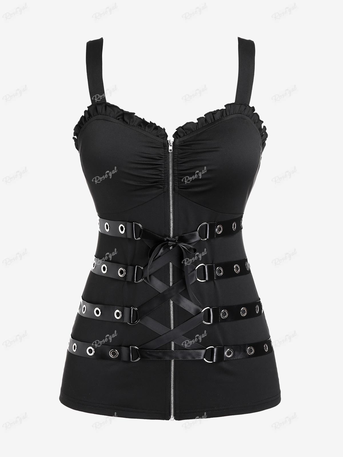 Rosegal cộng với kích thước Gothic hàng đầu cho wome Đen T-Shirts lồng cutout Strappy grommets zip phía trước áo Tees 4XL