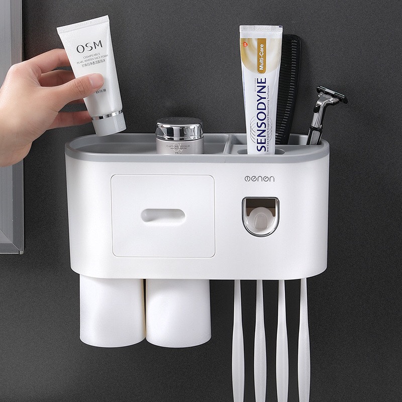 Kệ Để Đồ Phòng Tắm Cao Cấp 2 Cốc, Bộ Nhả Kem Đánh Răng Tự Động 2 Cốc EONON, Baohungstore