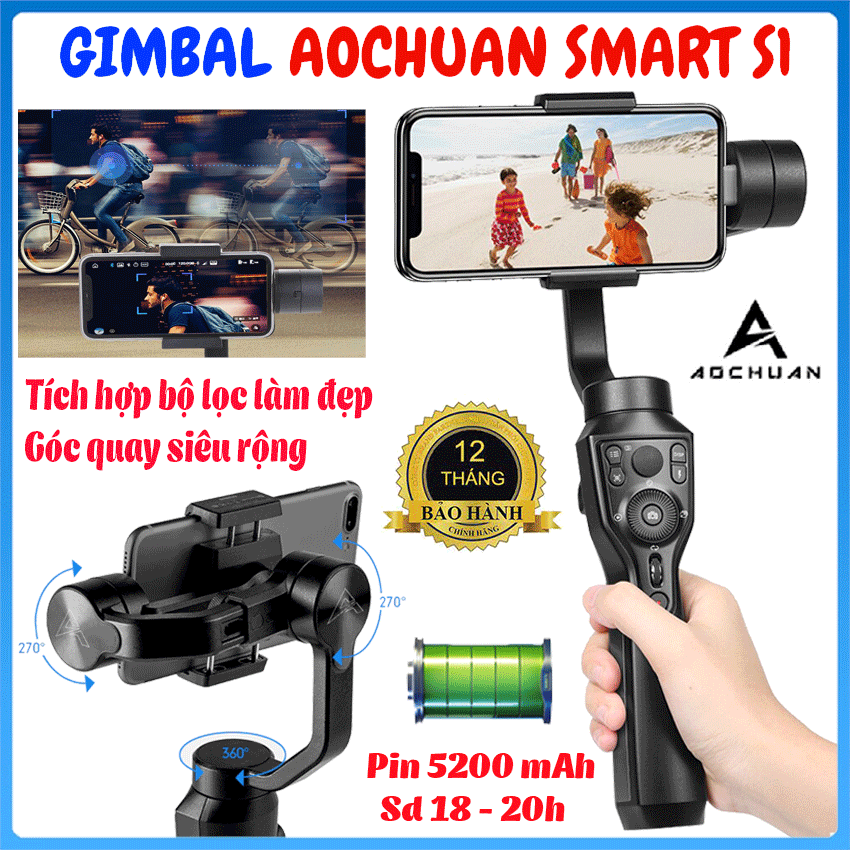 Gimbal Aochuan Smart S1 hỗ trợ quay phim, chụp ảnh chuyên nghệp, xoay 360 độ linh hoạt, Pin trâu 5200 mAh sử dụng 18 - 20h