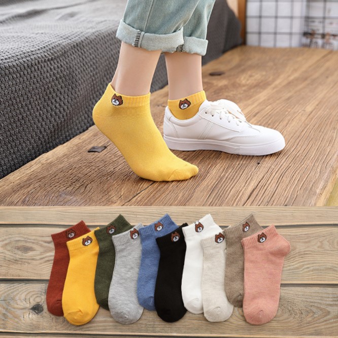 Tất cổ ngắn họa tiết con gấu nhiều màu sắc - Vớ cổ ngắn phong cách vintage Hàn Quốc