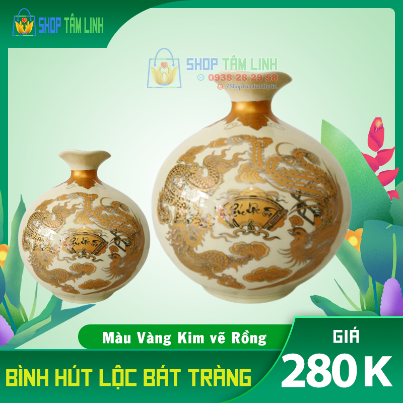 Bình hút lộc gốm sứ Bát Tràng phong thuỷ màu vàng kim ShopTamlinh