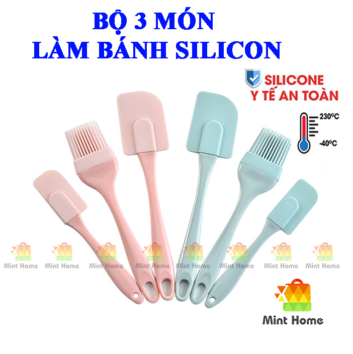 Bộ dụng cụ làm bánh 3 món silicon gồm chổi cọ quét dầu ăn, spatula trộn bột, phới dẹt silicone đánh trứng kem chịu nhiệt