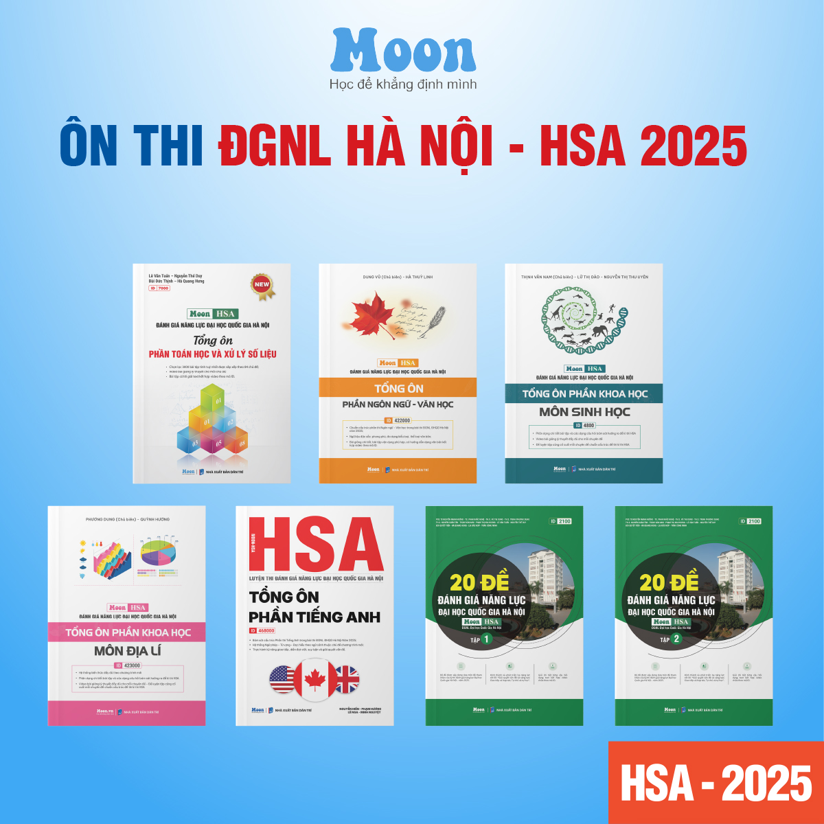   HSA 2025  Sách ôn thi đánh giá năng lực Hà Nội - Tổng ôn phần toán học và xử lý số liệu Moonbook 