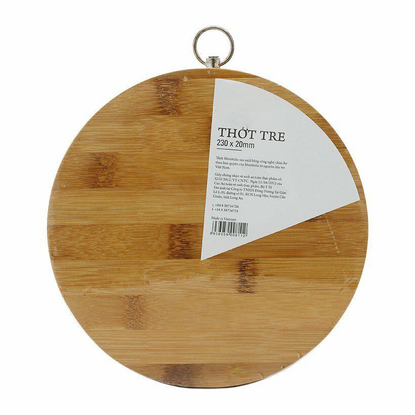 Thớt gỗ tre tròn khoáng khuẩn loại dày kích thước lớn 25cm có móc treo inox cao cấp