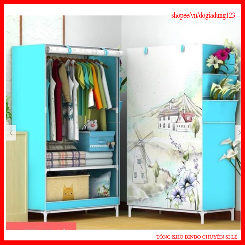 Tủ Vải Đựng Quần Áo Cao Cấp Kiểu Dáng 3D 1 Buồng 2 ngăn, Tủ Vải Khung Inox Treo Quần Áo Nhỏ Gọn Tiện Dụng