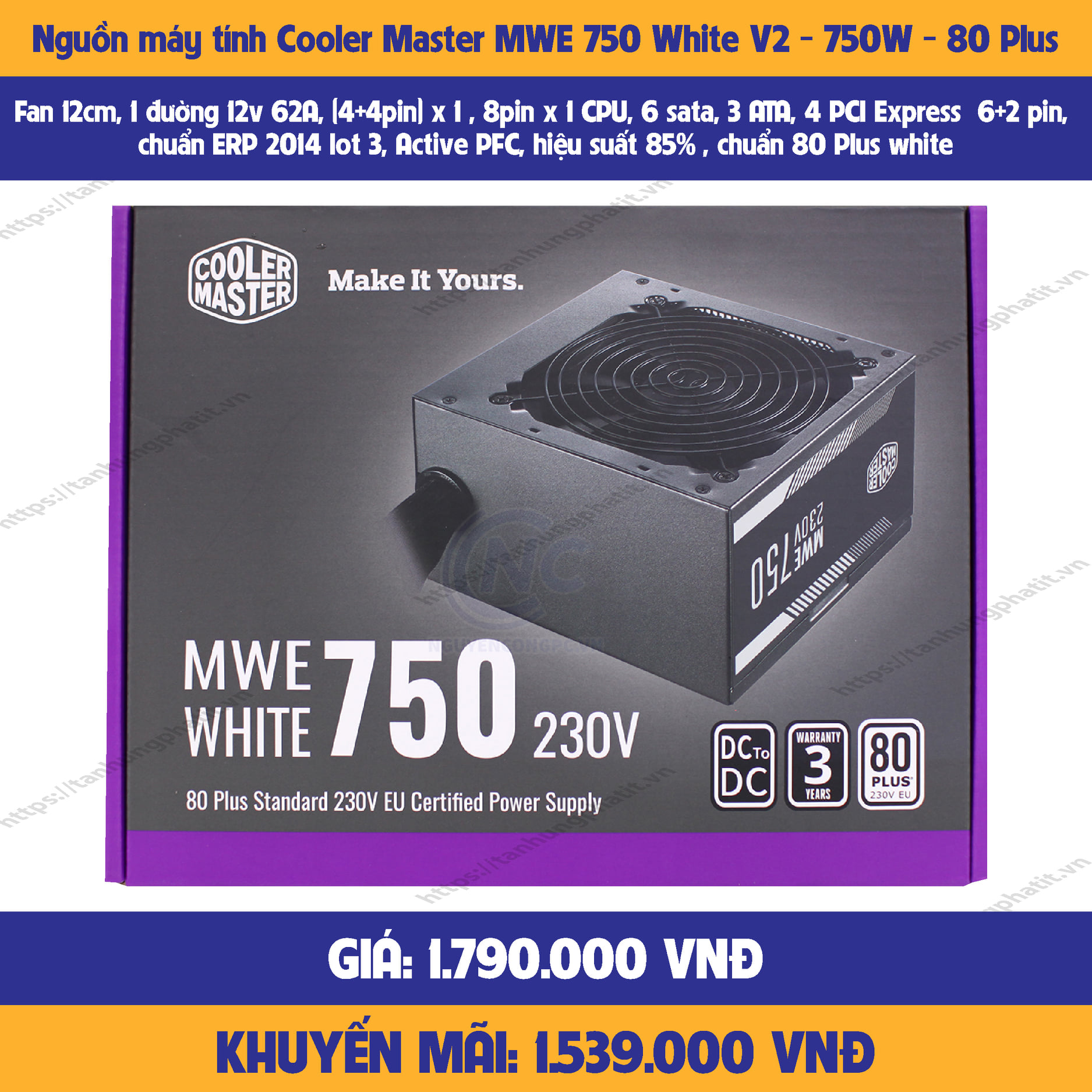 Nguồn máy tính pc cooler master mwe 750 white v2 - 750w - 80 plus-hàng chính hãng-mới 100%