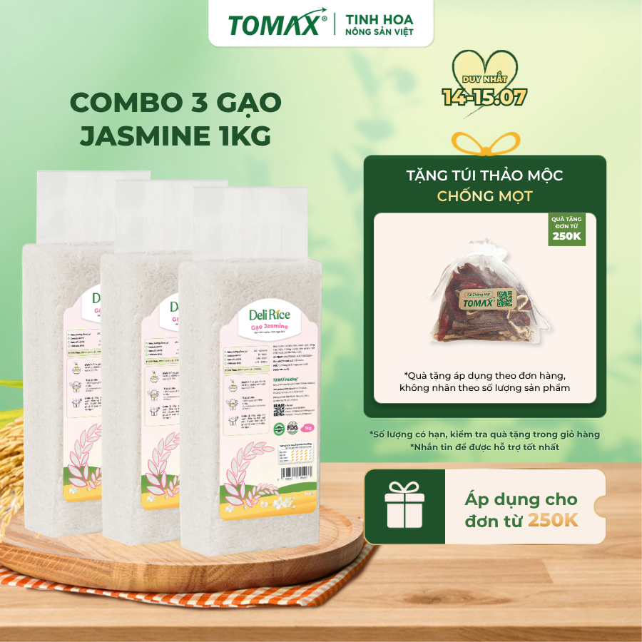 [ĐÃ VỀ HÀNG] Combo 3 túi Gạo Deli Rice Jasmine thơm dẻo mềm 1kg Tomax
