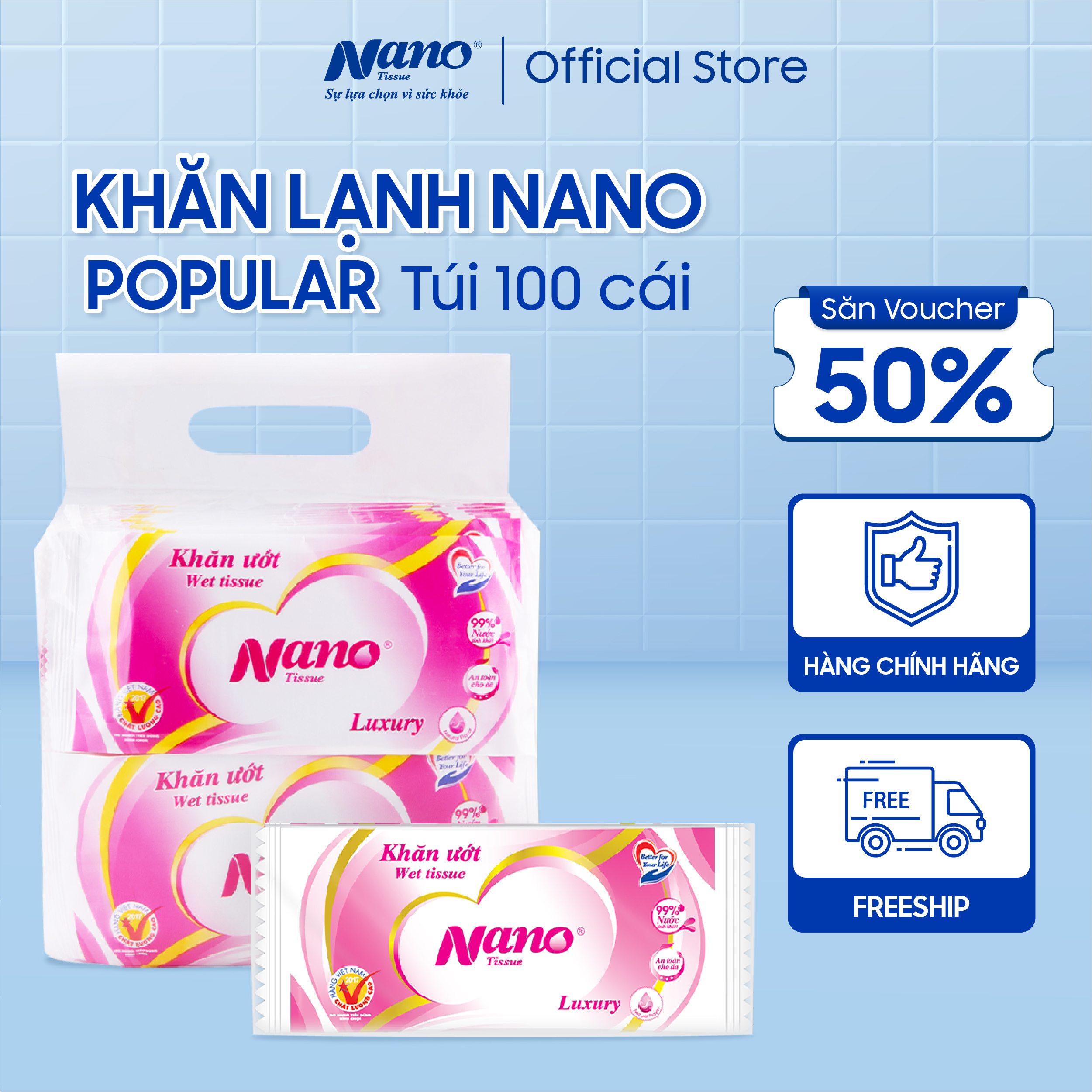 Khăn lạnh Nano gói 100 khăn, Khăn giấy ướt tiện lợi cho dịch vụ ăn uống, nhà hàng - Nano Tissue