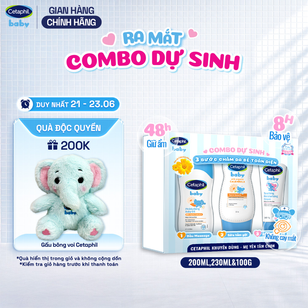 Combo dự sinh 3 bước chăm sóc da bé toàn diện Dầu Massage 200ML + Sữa tắm gội 230ML + Kem dưỡng ẩm 100G Cetaphil Baby