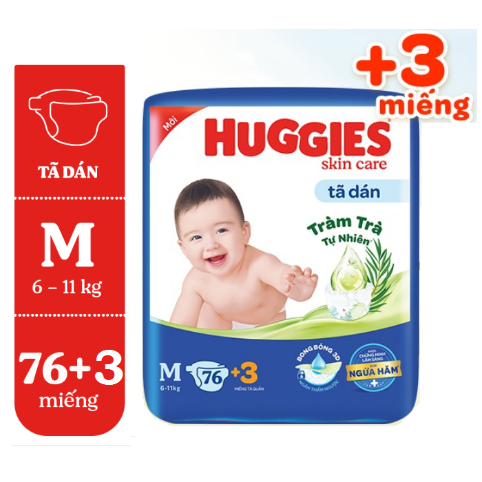 Tã dán Huggies size M76 +3m / L68 /XL60 mẫu mới Skin care