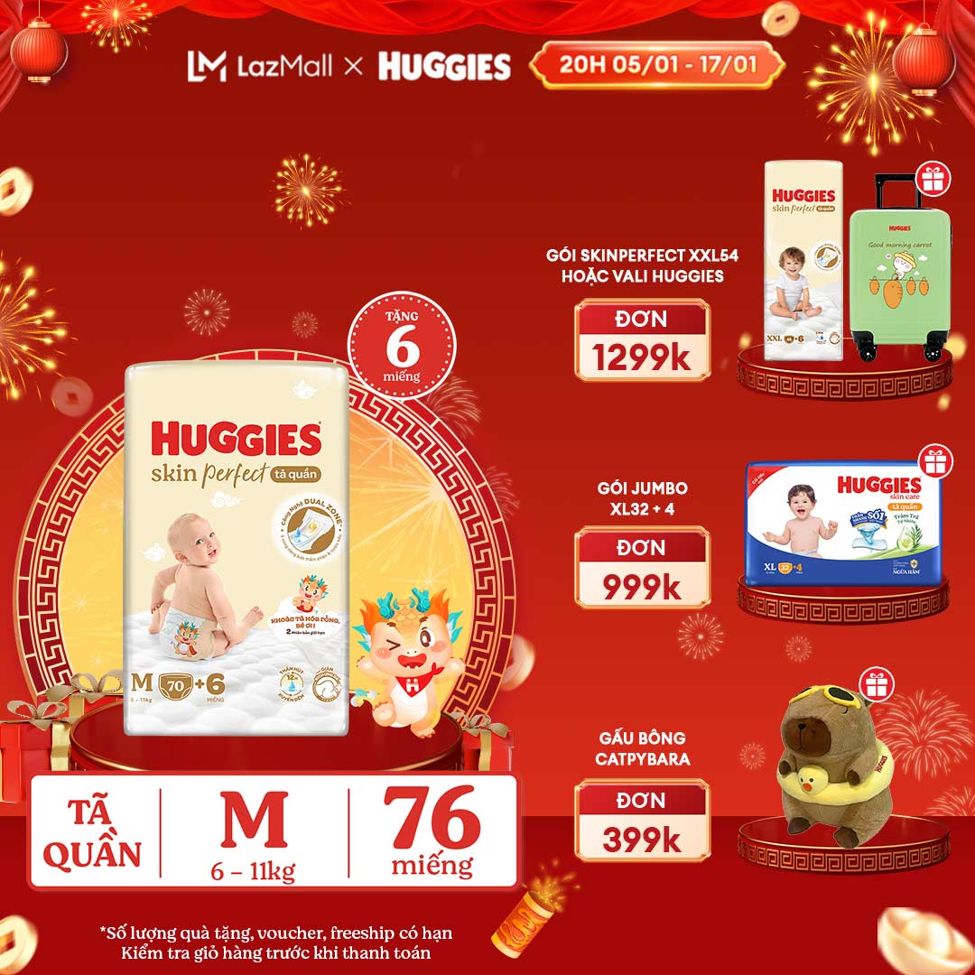 [CHỈ 20H 05-17.01 QUÀ TẶNG ĐH 399K] Tã quần Huggies Skin Perfect M Super Jumbo 70+6 miếng với 2 vùng thấm giảm kích ứng da