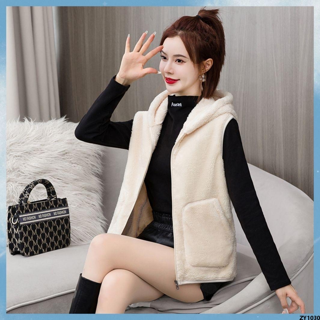 Áo Gi Lê Nữ San Hô Cao Cấp, Mũ, Áo Ba Lỗ Chống Lạnh Thời Trang Nhung Hai Mặt Mặc Ngoài, Áo Khoác Kiểu Hot Thu Đông Có Nhung Giữ Ấm