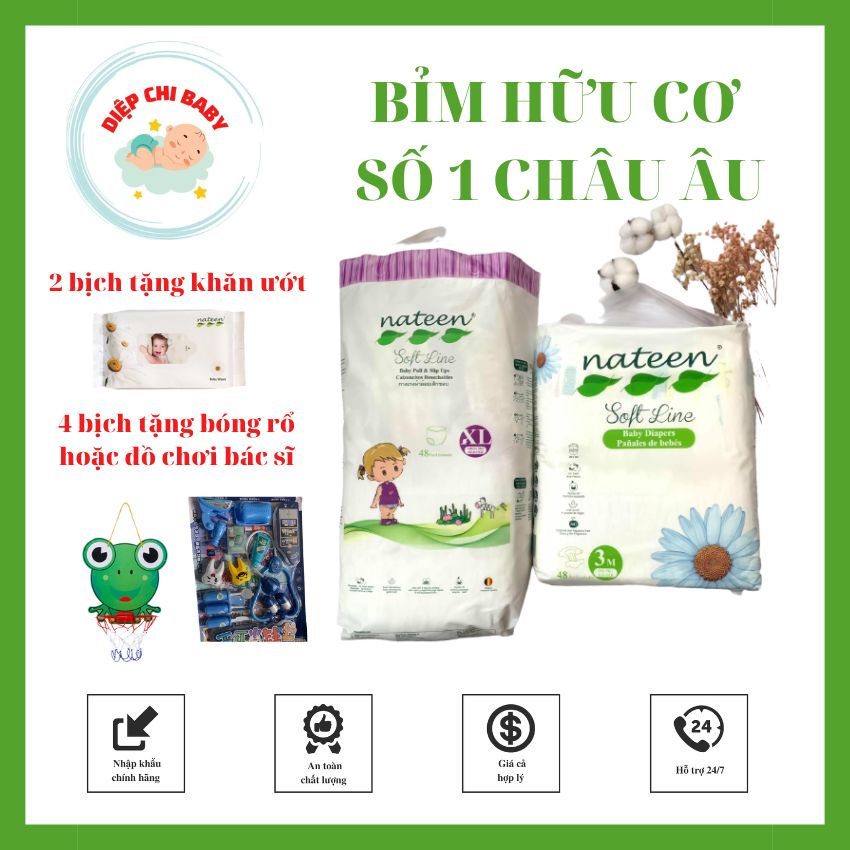 (Quà tặng hấp dẫn) Tã/Bỉm dán/quần hữu cơ cao cấp nhập khẩu Bỉ Nateen SP01 mềm mỏng thấm hút tốt chống hăm chống tràn đủ size