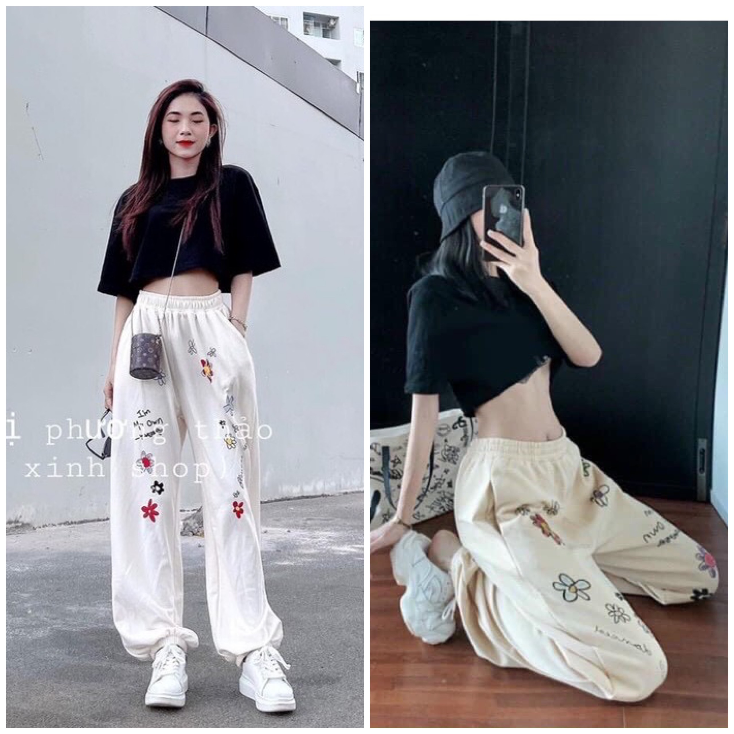 Set áo croptop mix quần bom , Áo crotop đen cá tính mix quần bom thụng cực xinh AD41