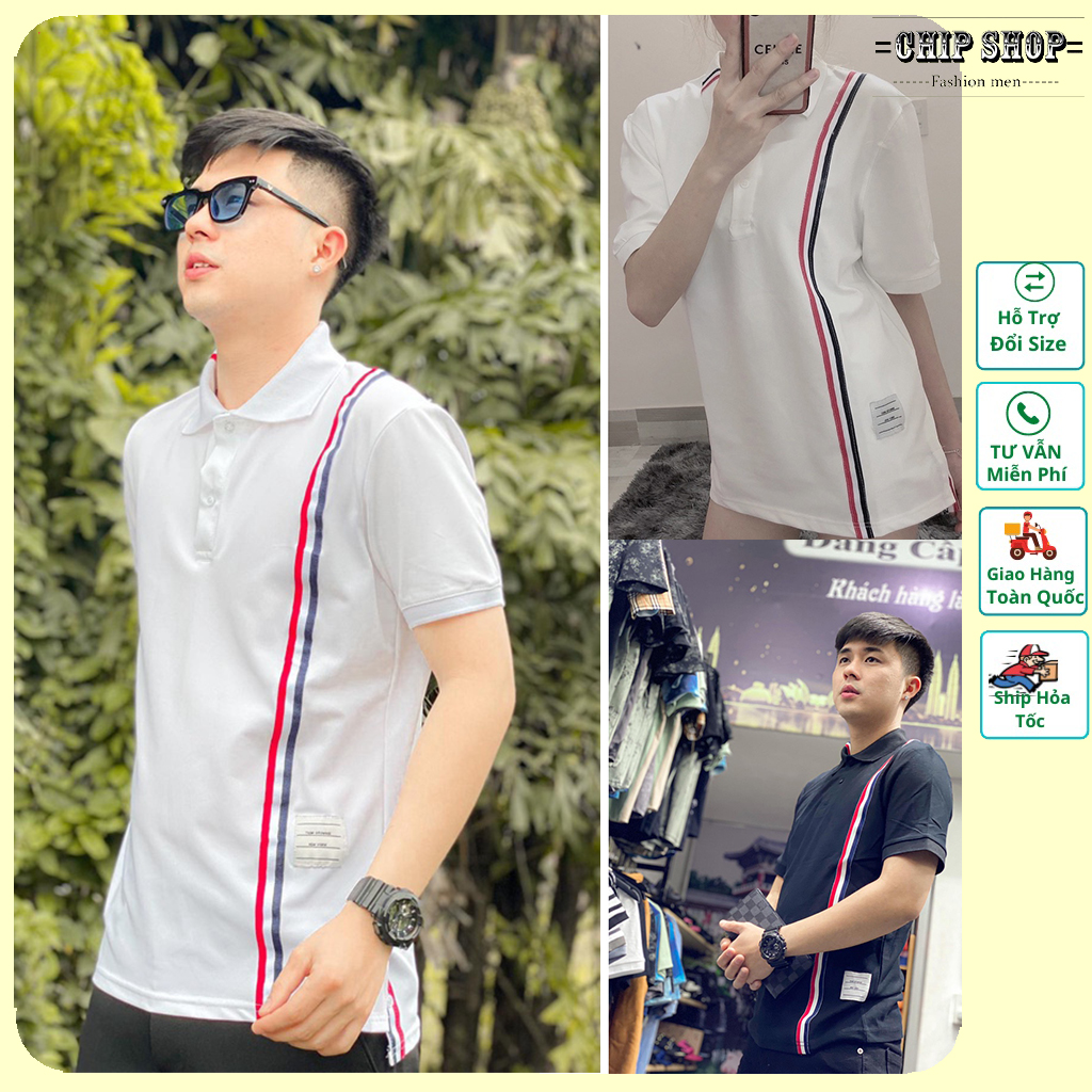 Áo thun POLO THOME KẺ DỌC Unisex tay lỡ phom rộng , Áo phông bo cổ dệt ,dây thật 3 màu chạy dọc Oversize nam nữ