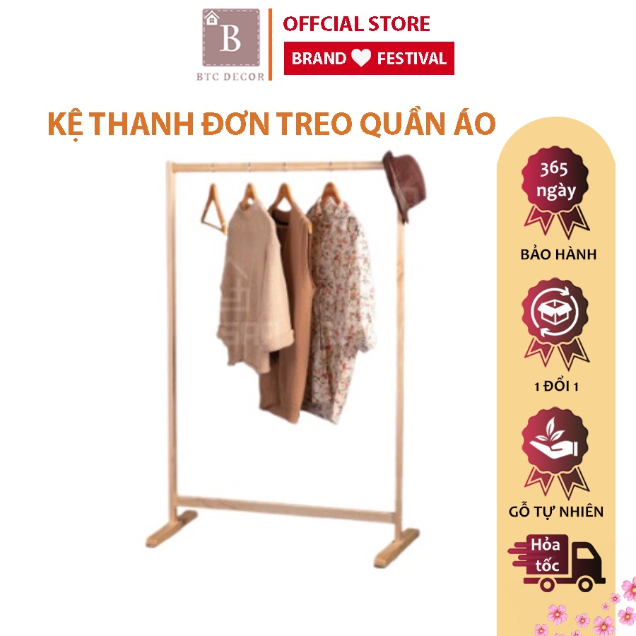Kệ treo quần áo gỗ thanh đơn gỗ thông - cây treo đồ gỗ - giá treo quần áo decor nhà cửa kiểu hàn, chắc chắn, bền đẹp