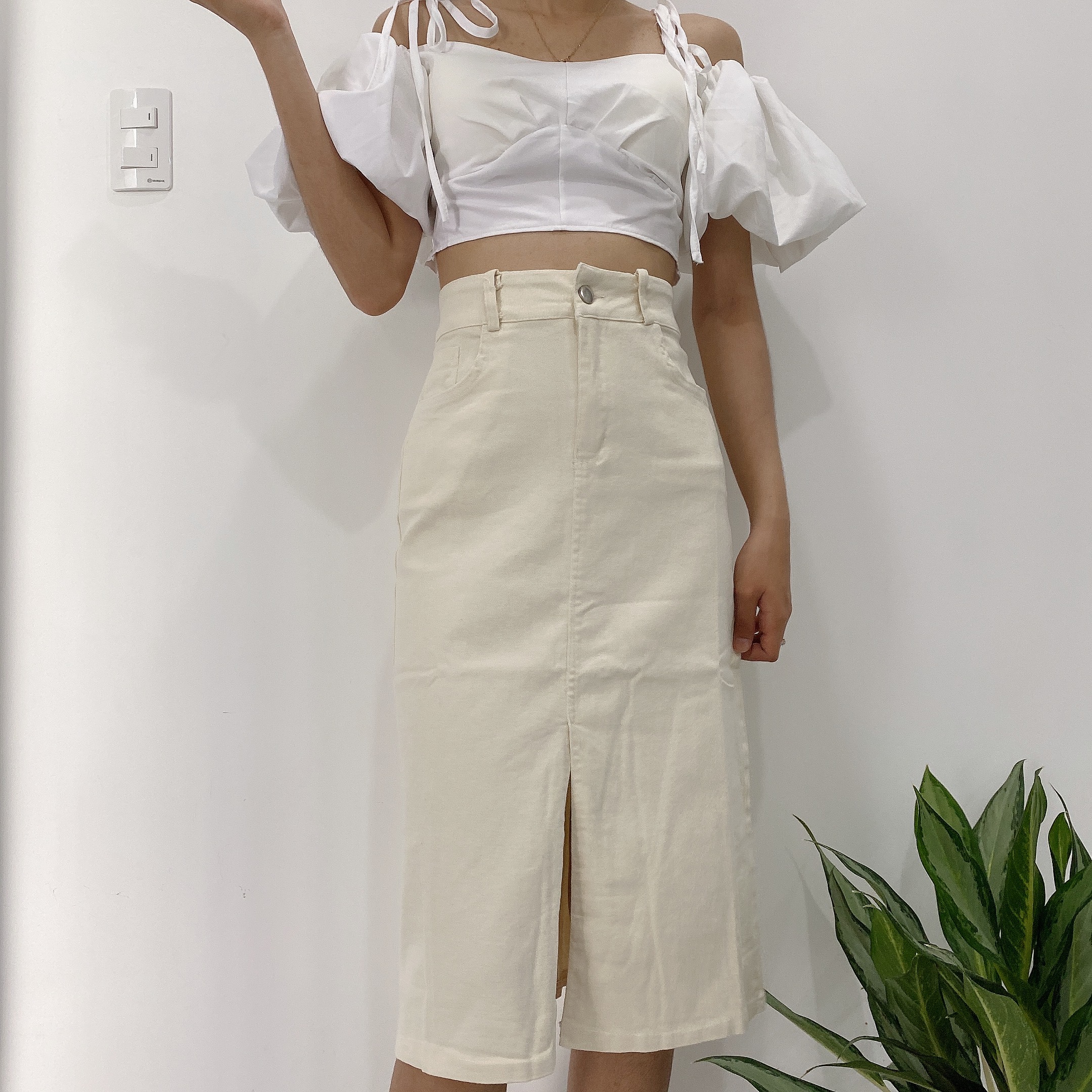 Chân váy kaki dáng dài cạp cao xẻ tà, phong cách ulzzang - sweetiebabe