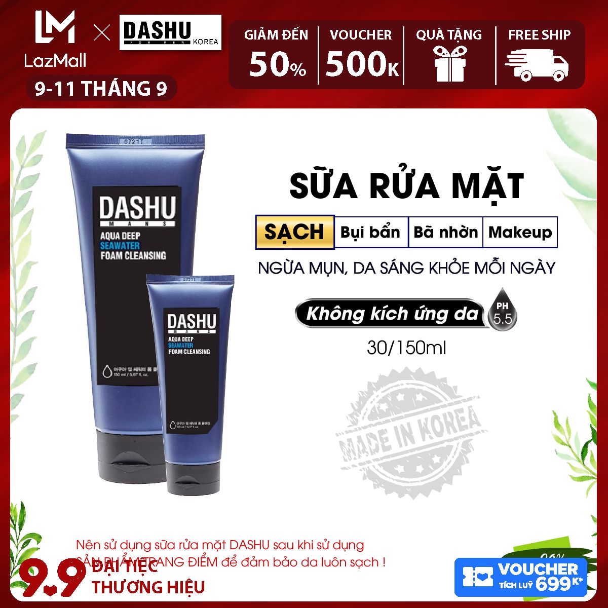 Sữa rửa mặt cho Nam Dashu Mans Aqua Deep Aeawater 30ml, sua rua mat tạo bọt mịn triết xuất nước biển sâu, rong biển và thảo quả tự nhiên giúp massage cân bằng độ ẩm trên da khô, se khít lỗ chân lông, giảm bã nhờn hạn chế mụn trên da dầu.