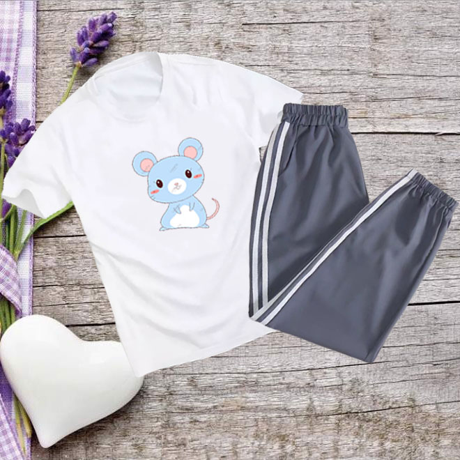 Sét Bộ Thời Trang Ulzzang Nữ Học Sinh Mùa Hè Mặc Đi Chơi, Áo Cotton In Hoạt Hình 3D Mèo Xanh Kèm Quần Dài Thun Sọc Bo Gấu