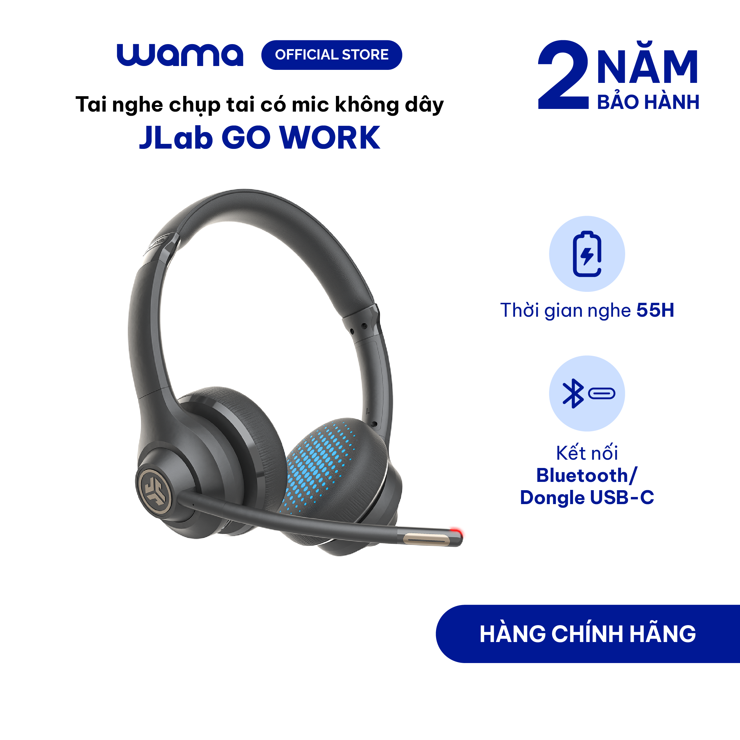 Tai nghe Bluetooth chụp Tai Jlab Go Work thời gian nghe 45H kết nối 2 thiết bị Micro lọc tiếng ồn khi gọi điện