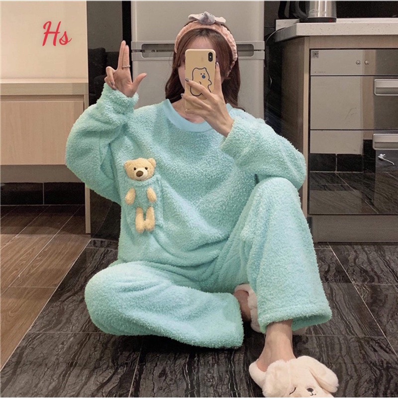 Bộ đồ ngủ bộ lông gấu xanh kèm túi gấu nhỏ dễ thương