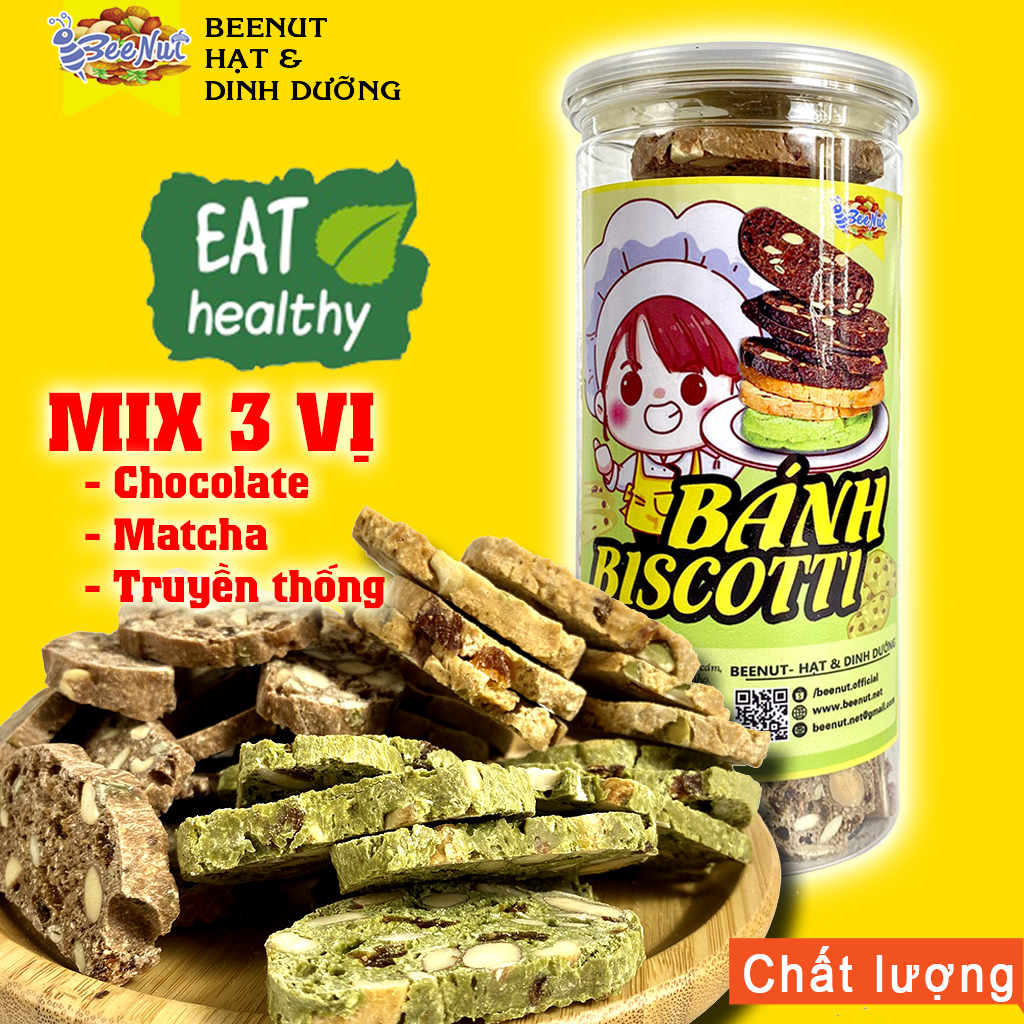 Bánh biscotti nguyên cám 400g - Biscotti 3 vị truyền thống, vị matcha, vị chocolate - Bánh ngũ cốc ăn kiêng - BeeNut