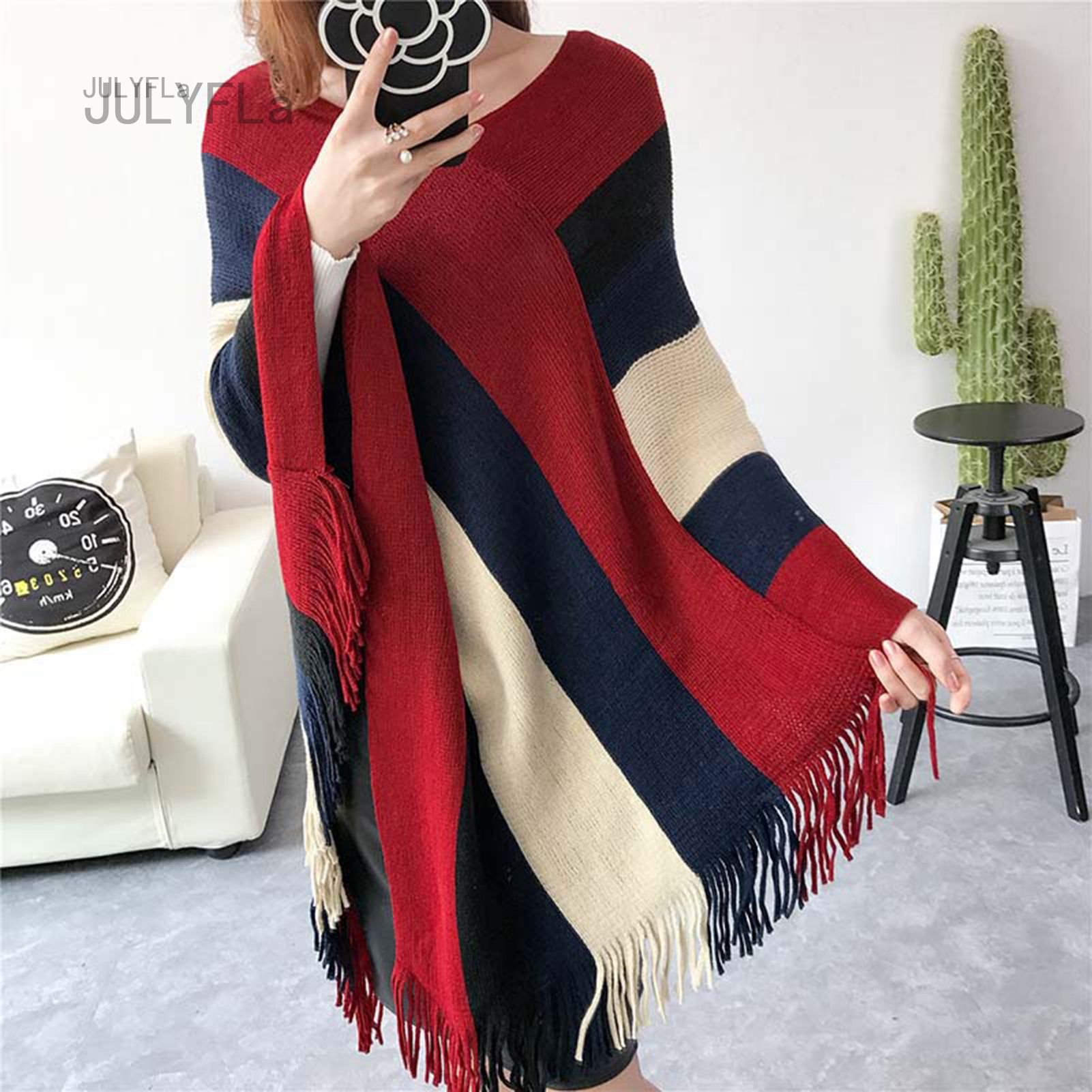 Julyfla áo choàng chui đầu nữ khăn choàng khăn choàng tua rua áo choàng ngoại cỡ áo khoác ấm áo khoác khăn choàng rộng cỡ lớn dệt kim thấm mồ hôi mùa thu