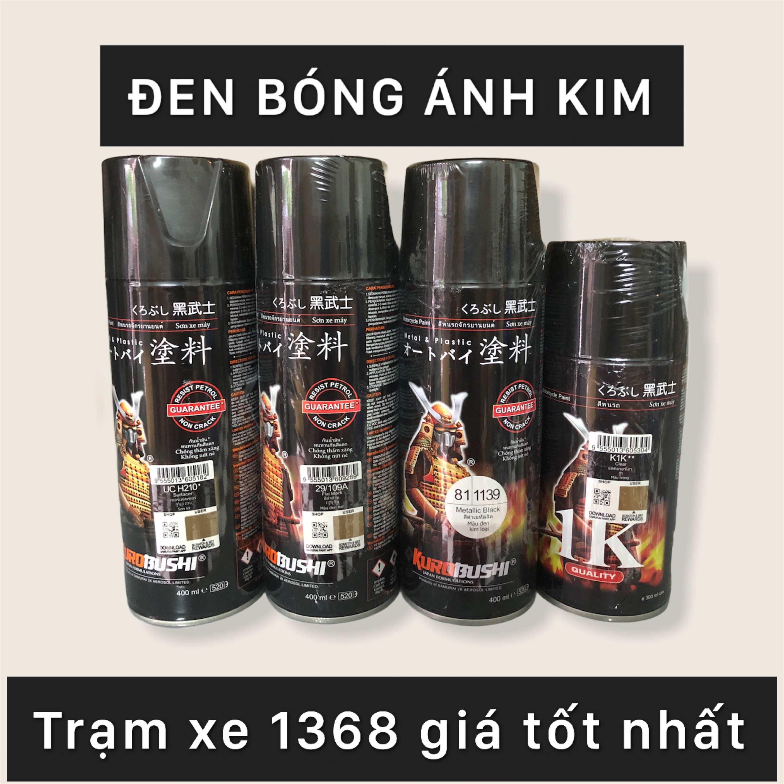 SƠN SAMURAI COMBO MÀU ĐEN BÓNG ÁNH KIM CAMAY 1139 GỒM 4 CHAI - Trạm Xe 1368 dễ dàng sử dụng dành cho mọi dòng xe