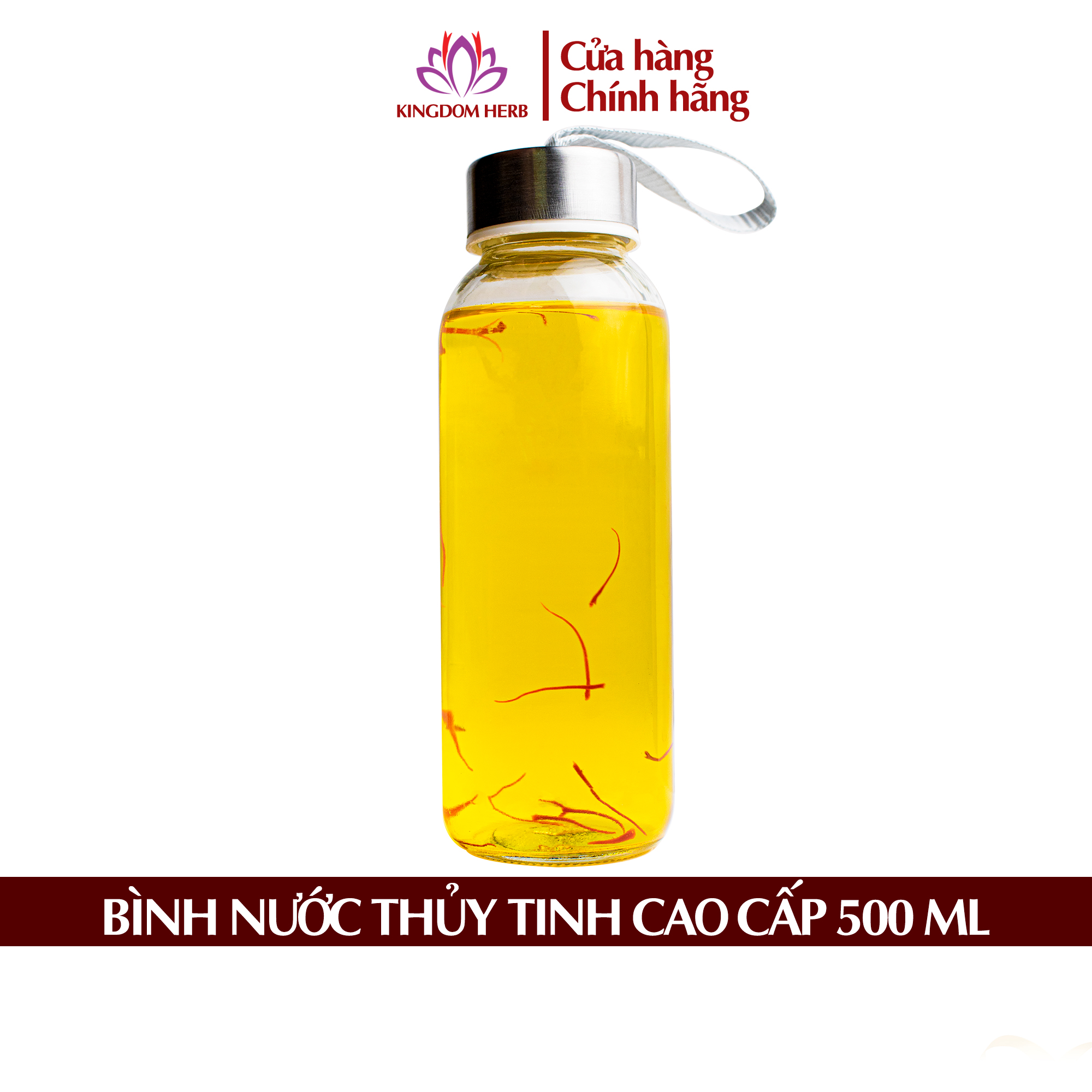 Bình thủy tinh đựng nước saffron Kingdom cao cấp, chai thủy tinh có nắp đậy, dây xách, chịu được nhiệt độ cao 500ml