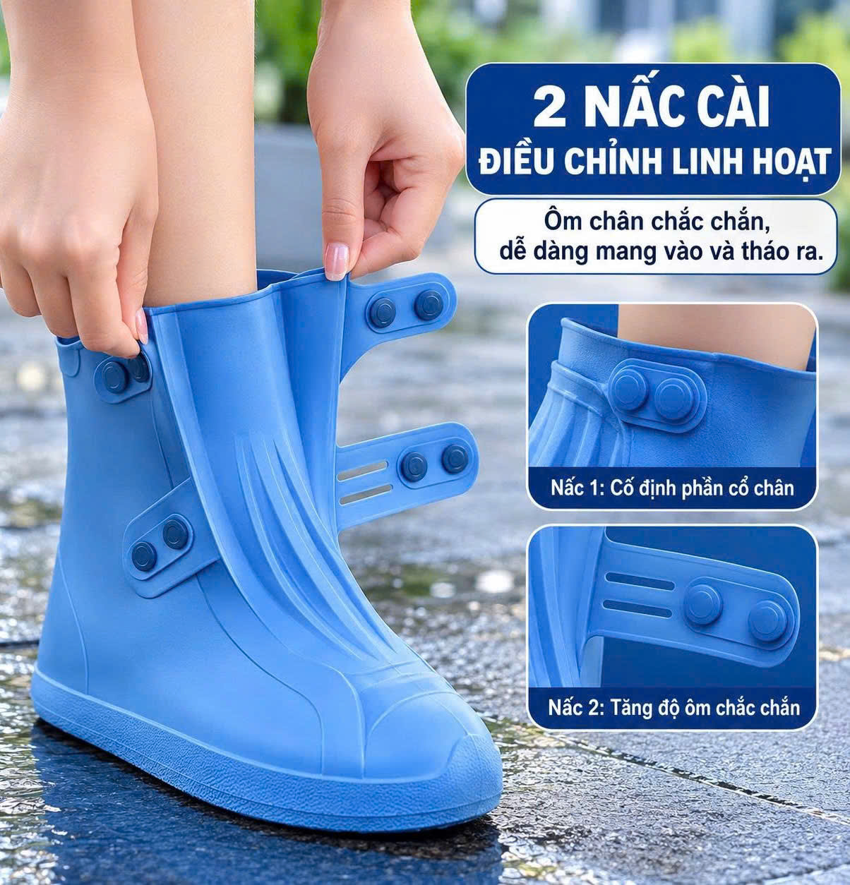 Ủng Bọc Giày Đi Mưa Gấp Gọn, Hạn Chế Nước Bắn, 2 Nấc Cài Linh Hoạt, Đế Vân Nổi Hỗ Trợ Tăng Độ Bám