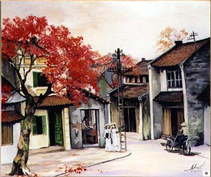 Tranh phố cổ Hà Nội đường về nhà kèm khung tranh 308