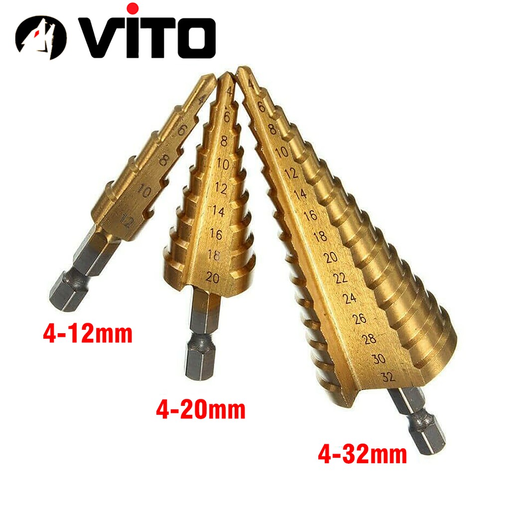 Bộ 3 Mũi Khoan Tháp VITO Chuôi Lục Giác Thép Gió HSS Mạ Titan 4-32mm Khoan Nhôm, Nhựa, Gỗ