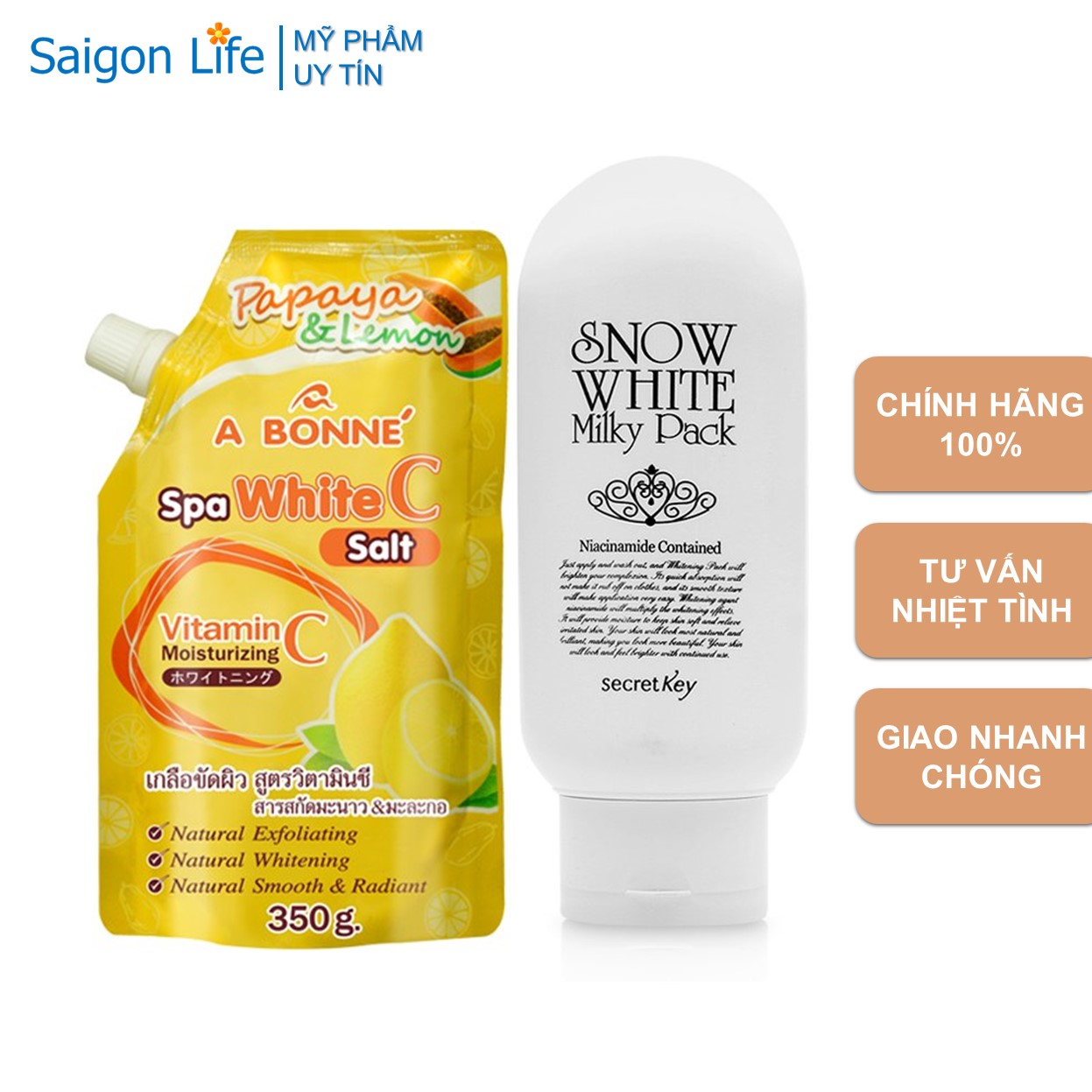 Combo kem dưỡng trắng snow white secret key 200ml và muối tắm trắng a bonne vitamin c 350g