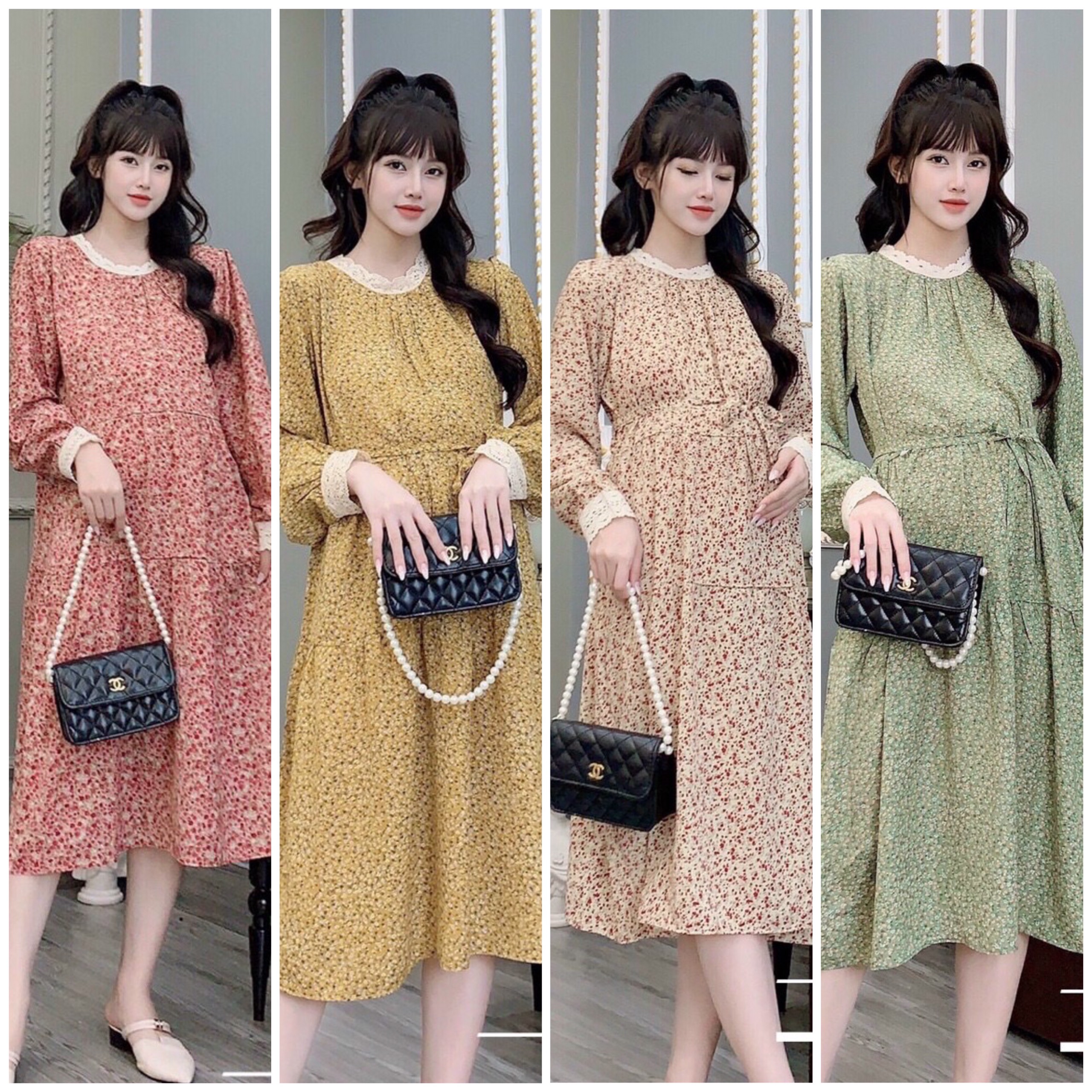 Váy Bầu Hoa Nhí Dáng Dài Thu Đông Dài Tay Cổ Nơ Phong Cách Vintage, Đầm Bầu Chụp Ảnh Đẹp chất voan lụa Hàn 40-70kg