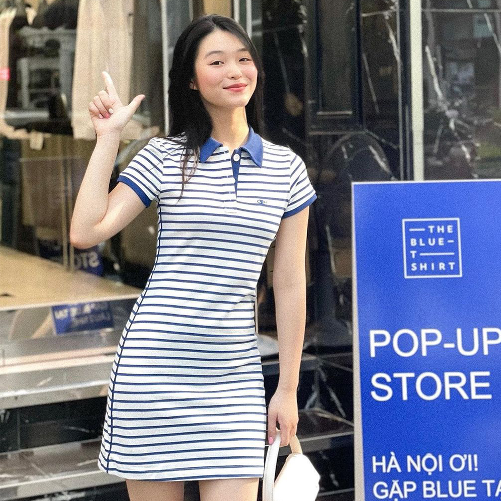 TheBlueTshirt - Đầm Thun Polo Nữ Dáng Suông Kẻ Sọc Xanh Trắng - Polo Shirt Dress - Signature Blue Stripe