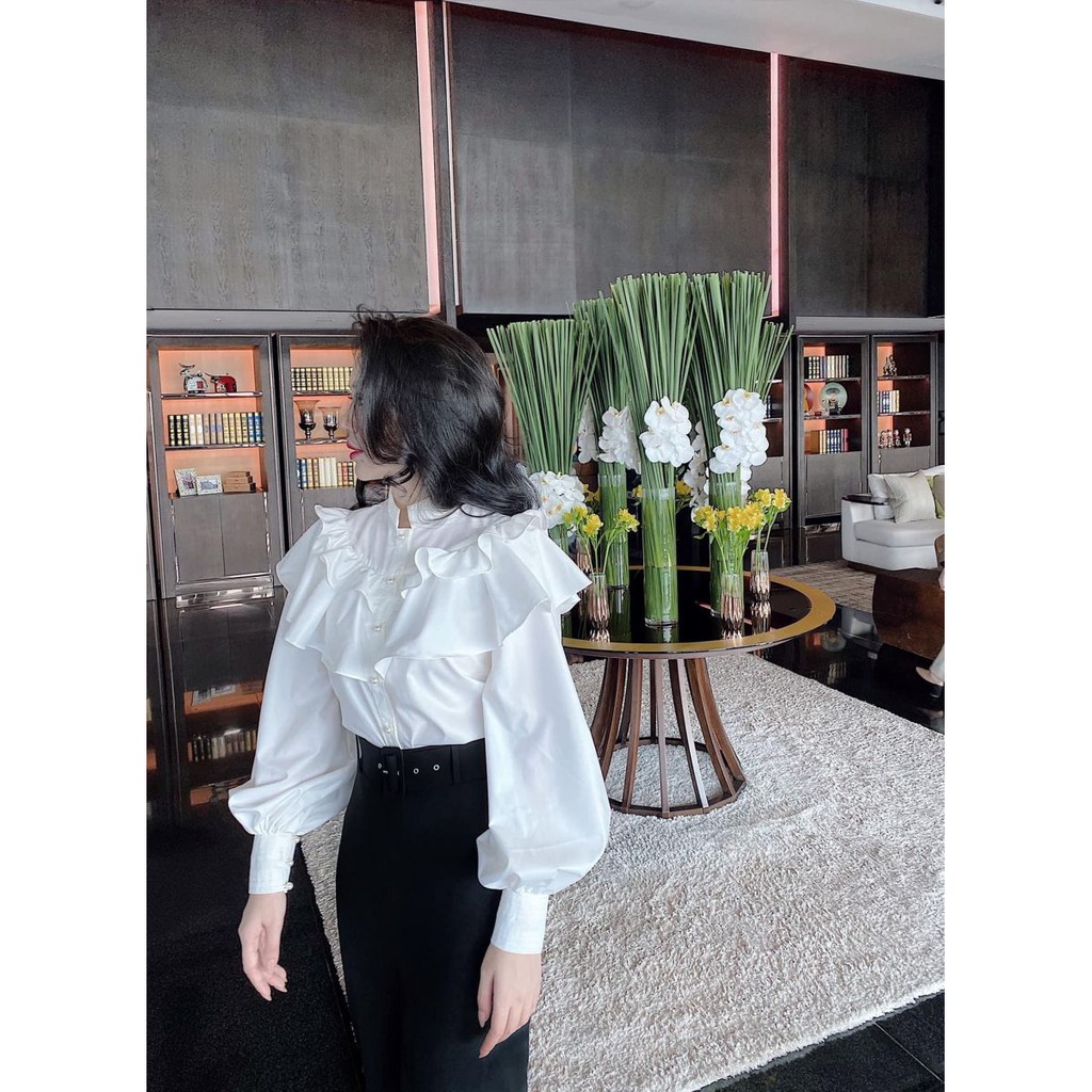 Áo Sơ Mi Nút Ngọc Bèo Tầng Cổ Trụ MELY (TRẮNG)
