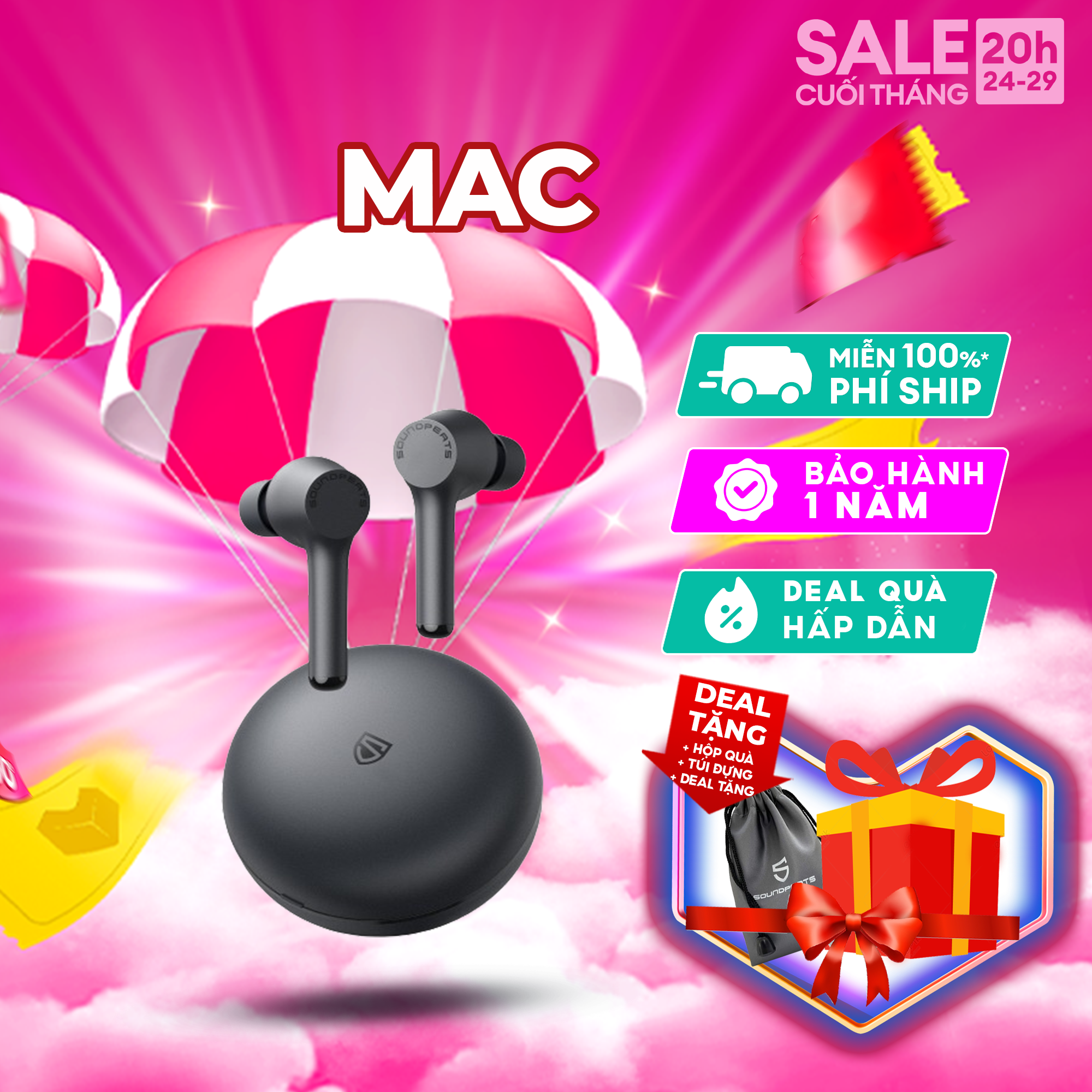 Tai Nghe True Wireless Bluetooth SoundPeats Mac chống nước IPX7