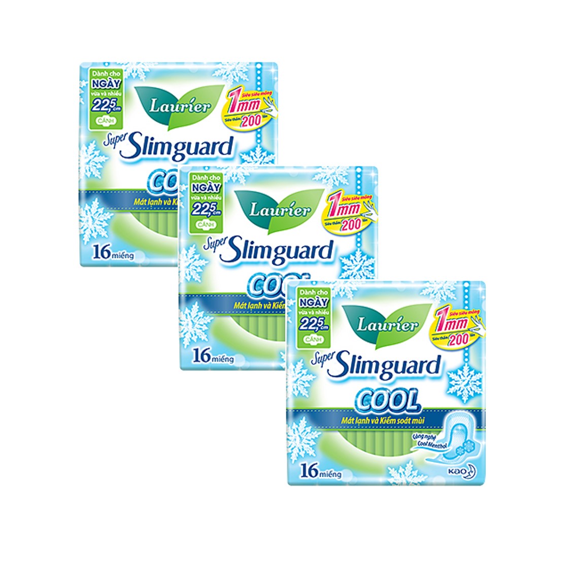 Combo 3 gói Băng Vệ Sinh Ban Ngày Laurier Super Slimguard Cool Mát Lạnh - Kiểm Soát Mùi Siêu Mỏng Cánh 1mm (22,5cm-16M)