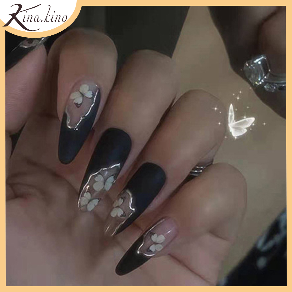 [HOT THÁNG 9] Hộp 24 móng tay giả dài nhọn màu đen cao cấp, mong tay gia màu đen siêu HOT 2021 [Tặng keo+dũa] Kinakino