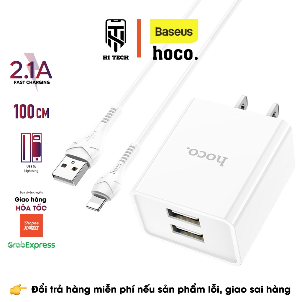 Bộ sạc nhanh HOCO C89, sạc nhanh 2.1A Max truyền dữ liệu từ USB sang Nightling phích cắm tiêu chuẩn US, dây sạc dài 1m.